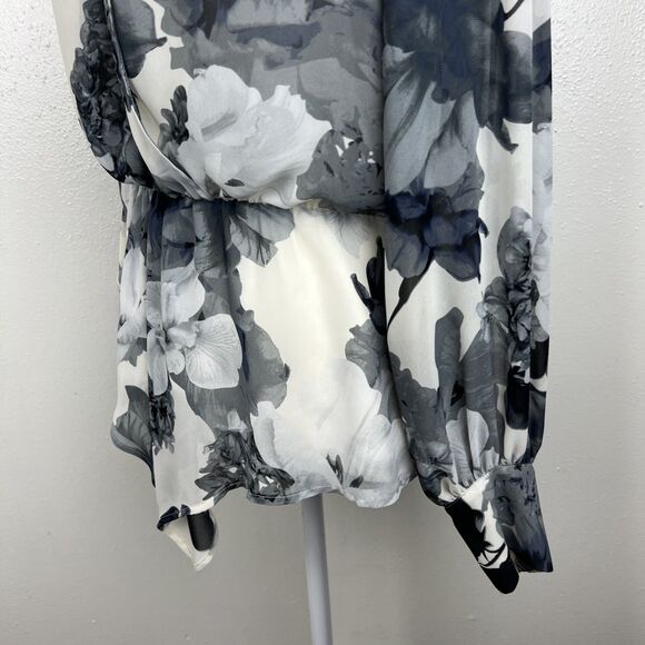 Vince Camuto Blouse Women Extra Small Cream Grey Floral Peplum Long Sleeve - Picture 11 of 14